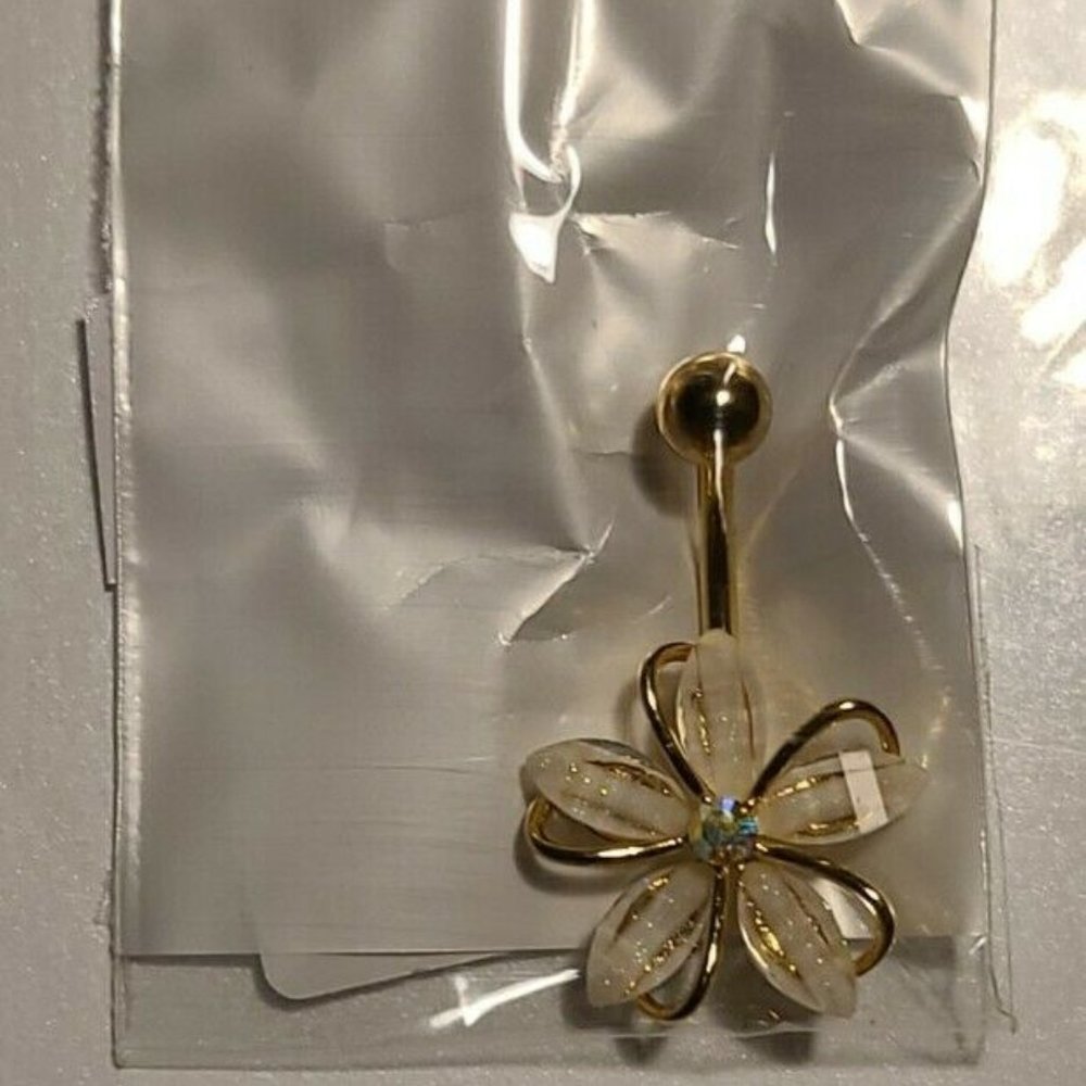 CZ Center Wire Set Gold Flower 316L Surgical Steel Belly Button Navel Ring